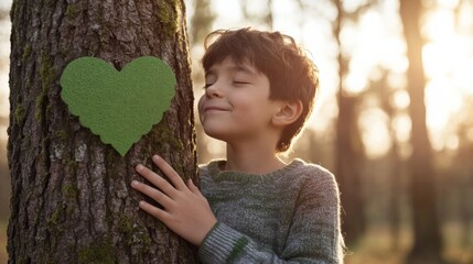 child embracing a tree with a heart symbol, promoting nature and love for the environment