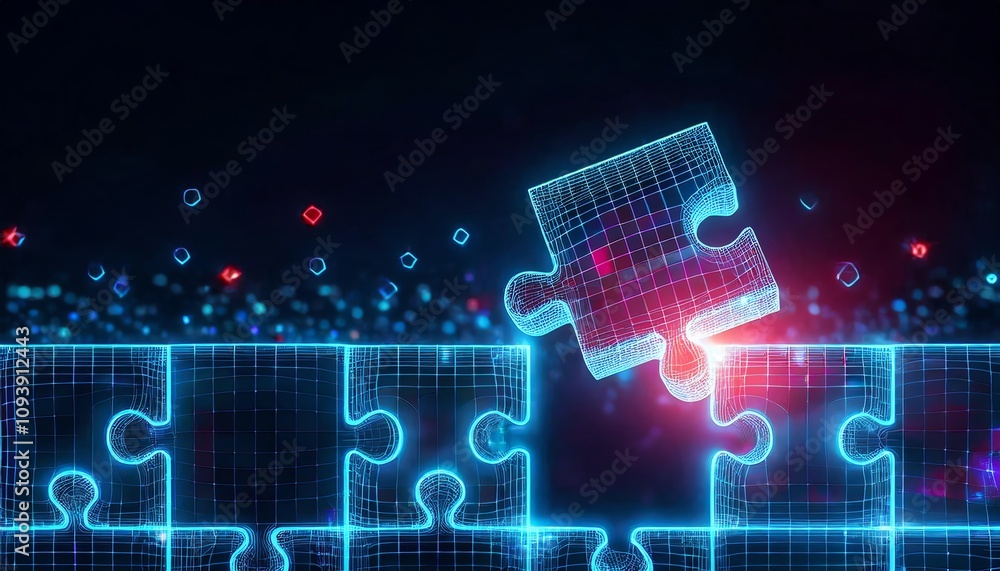 Poster a glowing digital puzzle piece hovers above a grid of interconnected pieces, symbolizing problem-sol