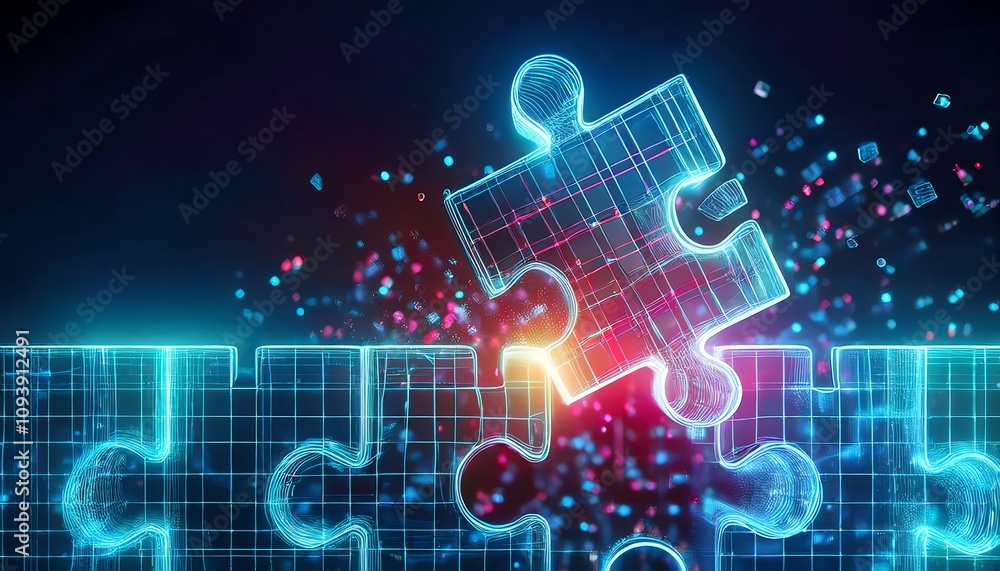 Poster a glowing puzzle piece connects with a digital grid, symbolizing problem-solving and innovation in t