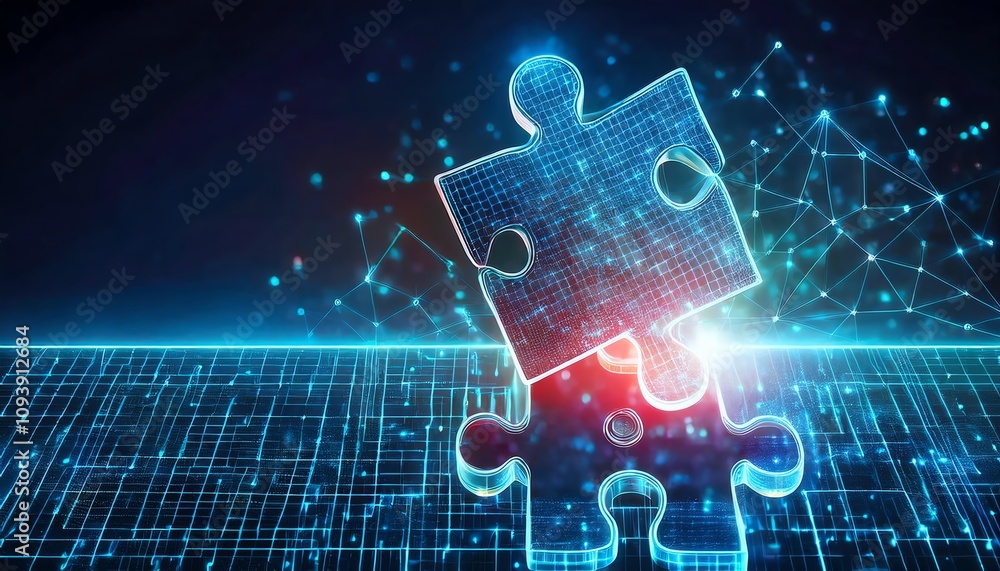 Poster a digital puzzle piece stands out against a futuristic grid, symbolizing technology and innovation i