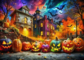 Lively Halloween Celebration with Colorful Pumpkins, Eerie Ghosts, and Haunted Houses Decorated in Vibrant Graffiti Artistry