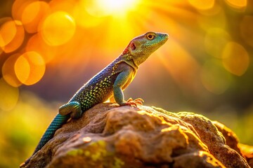 Obraz premium Lizard Basking in the Sun on a Large Rock Surrounded by a Blurred Natural Background in a Shallow Focus Photograph Capturing Serene Wildlife Moments in Bright Light