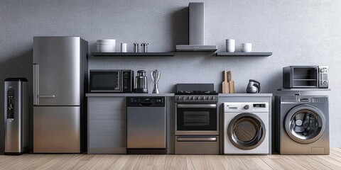 Modern Kitchen Appliances Household Equipment Refrigerator Oven Microwave Stove Washer Dryer Vacuum Cleaner