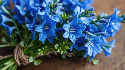 Vibrant blue delphinium sprigs tied together with twine and adorned with small green leaves, garden decoration, wildflowers