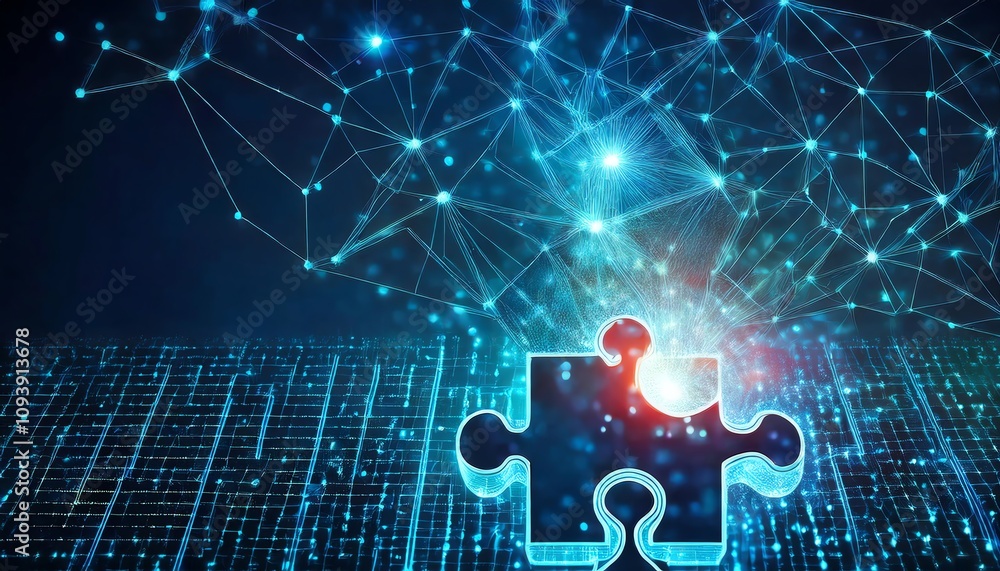 Poster a digital puzzle piece against a network of glowing connections, symbolizing problem-solving and tec