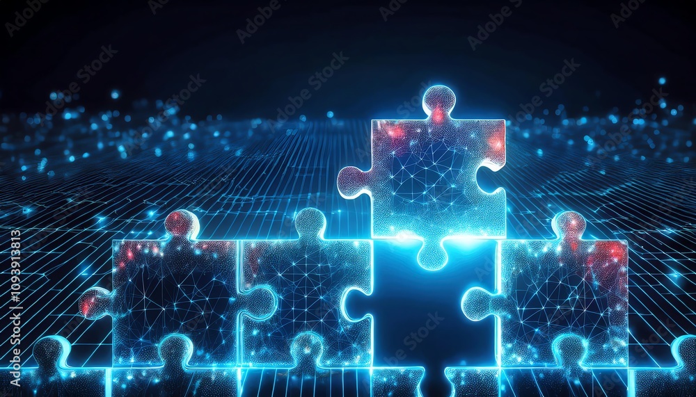 Poster a glowing puzzle piece integrates into a digital grid, symbolizing connection and problem-solving in