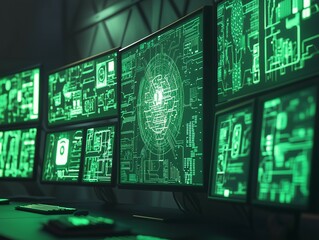 A realistic photo featuring multiple computer screens arranged together, all displaying green screens with stylized AI-themed graphics