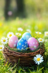 Easter Basket with Colorful Decorated Eggs and Daisies in Grass on a Bright Spring Day