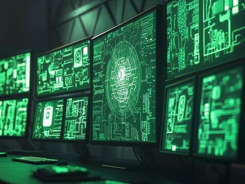 A realistic photo featuring multiple computer screens arranged together, all displaying green screens with stylized AI-themed graphics