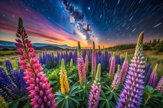 Long Exposure of Altramuces Beans in Spain, Capturing the Essence of Lupinus Albus with a Beautiful Night Sky and Gentle Motion of Surrounding Nature