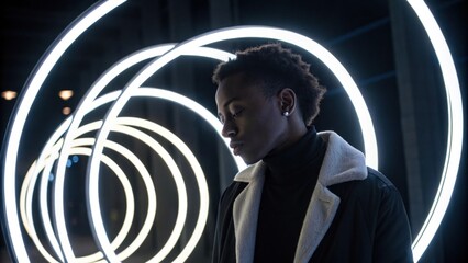 An evocative portrait of a person with pulsating neon white rings encircling their shoulders the bright light creating a stark contrast with the dark background drawing the eye