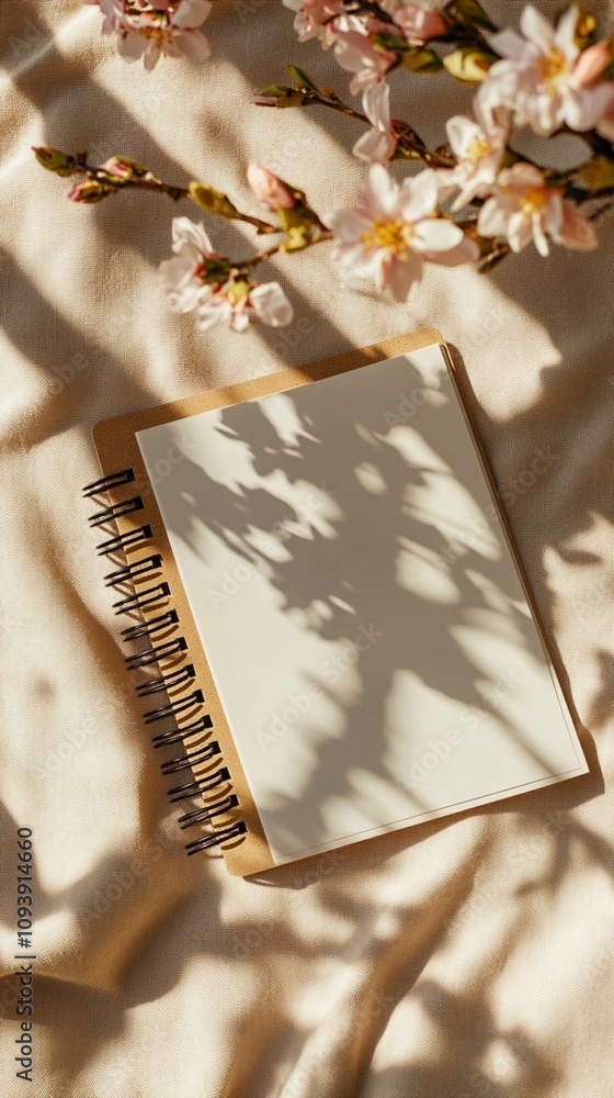 Poster delicate cherry blossoms cast intricate shadows on a blank notebook, creating a serene springtime sc
