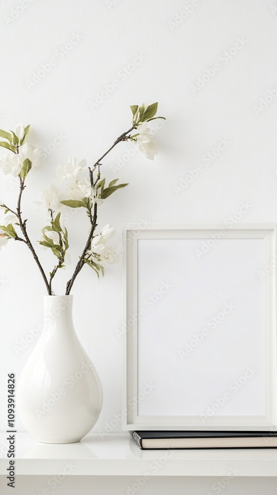 Poster minimalist white vase with delicate spring branches next to blank picture frame on shelf, creating a