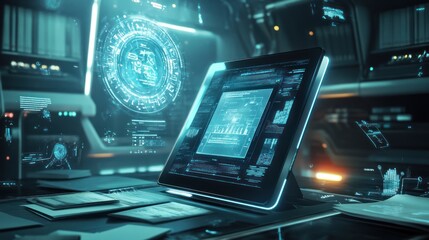 Fototapeta premium A futuristic workspace with a glowing monitor displaying data and holographic interfaces.
