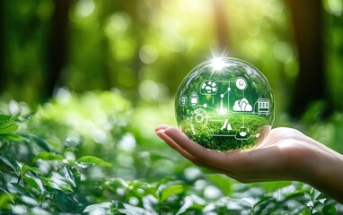 Sustainable Development Goals and Green Technology with Environmental Icons in a Lush Landscape