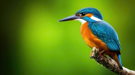 A colorful kingfisher perched on a branch with a green blurred background.