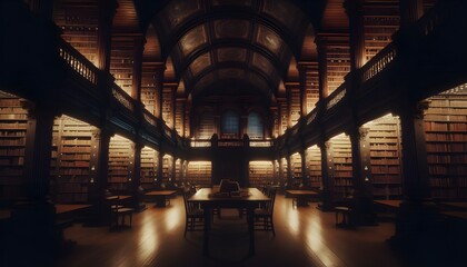 Grand Library with Dim Lighting and Tall Bookshelves