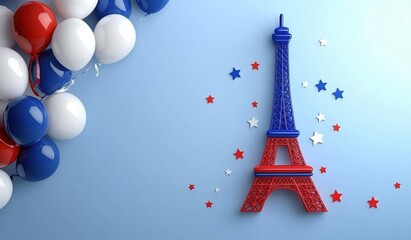 Bastille Day Celebration Background with Minimalist Eiffel Tower Balloons and Confetti
