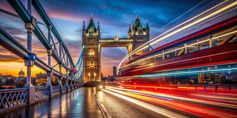 Obraz premium Long Exposure of London Travel Cards at Night with Iconic Red Buses and Historic Landmarks, Capturing the Essence of the City’s Vibrant Transportation Scene