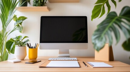 Flat Lay of a Modern Home Office with a Computer, Notepad, and Work Essentials