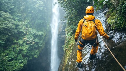 Canyoneer rappelling down a misty waterfall in lush jungle.