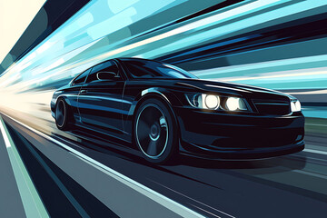 A sleek black car speeding through a dynamic, colorful background, illustrating motion.