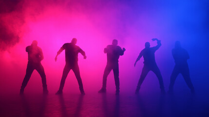 Dynamic dance performance in colorful smoke urban studio video art nighttime creative expression