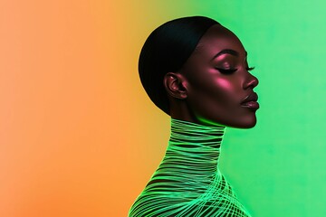 model modern photography and avant-garde, A striking profile of a woman against a vibrant background, showcasing a futuristic aesthetic with glowing lines and bold colors.