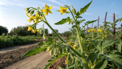 Yellow flowers of a tomato plant blooming in the garden on a sunny day, leafy, blossom