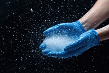 hands wearing gloves holding soap bubbles against a dark background