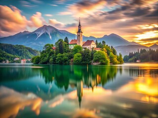 Fototapeta premium Long Exposure Serenity at Lake Bled: Captivating Reflections and Enchanting Scenery of Slovenia’s Iconic Destination Surrounded by Majestic Mountains and Lush Greenery