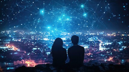 A couple silhouetted against a cityscape at night, with a network of glowing lines representing connection and technology above them.
