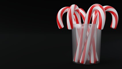Christmas Candy Canes on Glass Pot on Dark Background.