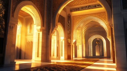 Fototapeta premium Elaborate mosque archway with geometric designs, golden calligraphy, warm lighting 