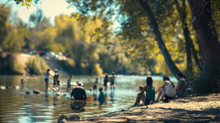 Blurry glimpse of families gathered by the river eagerly waiting for a bite.