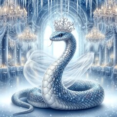 Fototapeta premium A graceful snake with scales shimmering in icy blue and silver, wearing a delicate crown and a flowing, translucent cape. An elegant ballroom decorated with icicles and chandeliers.