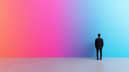 Obraz premium model modern photography and avant-garde, A silhouetted figure stands before a vibrant gradient wall, transitioning from pink to blue, symbolizing contemplation and opportunity.