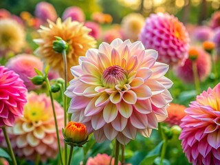 Lush Flower Field with Pastel Rose Dahlias in Full Bloom, Showcasing the Delicate Beauty of Nature's Color Palette and the Intricate Details of Petals and Leaves