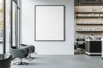 A modern salon interior with large blank canvas, black chairs, and a counter with shelves.