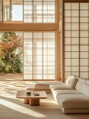Minimalist Double-Height Living Room with Sunlit Space and Textured Rug