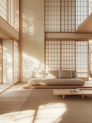 Minimalist Double-Height Living Room with Sunlit Space and Textured Rug