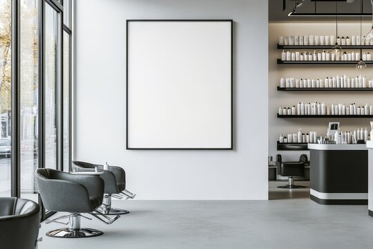 A modern salon interior with large blank canvas, black chairs, and a counter with shelves.