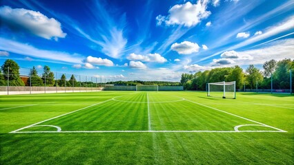 Fototapeta premium Lush Green Grass Soccer Field Under a Clear Blue Sky with Goalposts and White Lines, Capturing the Essence of Outdoor Sports and Community Engagement