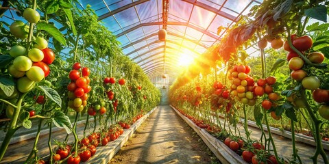 Lush Greenhouse Harvest: Picking Ripe Tomatoes Surrounded by Vibrant Foliage and Sunlight in a Serene Agricultural Setting