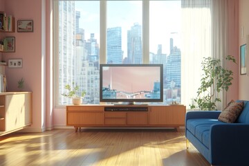 Modern living room with a large window overlooking a city skyline. The room is decorated with plants, a sofa, and a television on a wooden stand. Sunlight streams in through the window.