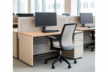model modern photography and avant-garde, A modern office setup featuring a desk with a computer monitor, keyboard, and an ergonomic chair in a bright, spacious environment.