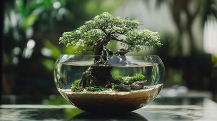 Serene Bonsai in Glass Bowl: Miniature Zen Garden