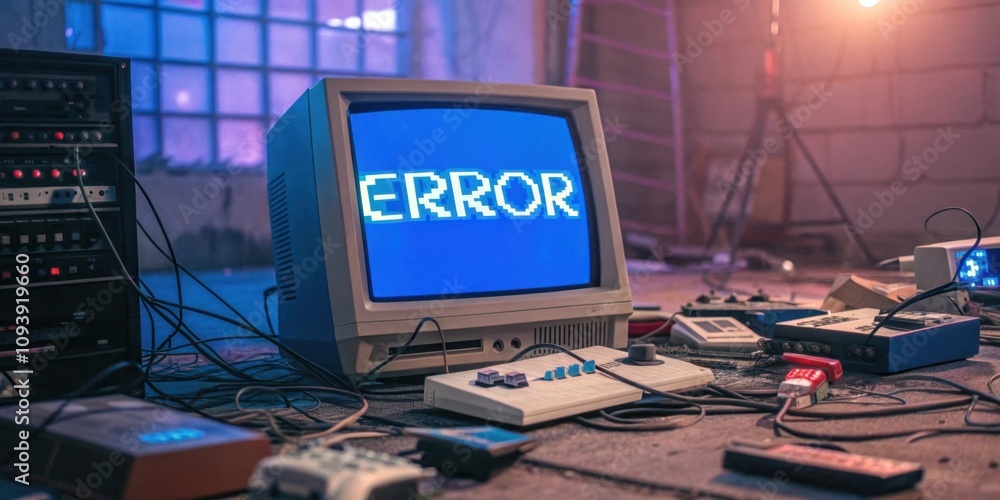 Poster crisis mode a closeup view of a blue screen error on a bulky monitor surrounded by chaotic wires and