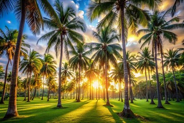 Lush Palm Trees Framed by Glimmering Bokeh Lights in a Serene Park Setting, Perfect for Relaxation and Nature Lovers
