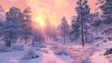 A breathtaking scene of a snow-covered forest under a soft pink sunset, encapsulating the wonder of winter. 